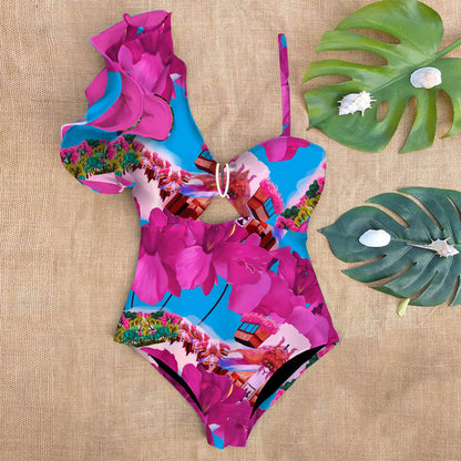Ruffle Print Floral One Piece Strappy One shoulder Swimwear Women Swimsuit Bathing Suit Backless Beachwear Monkini