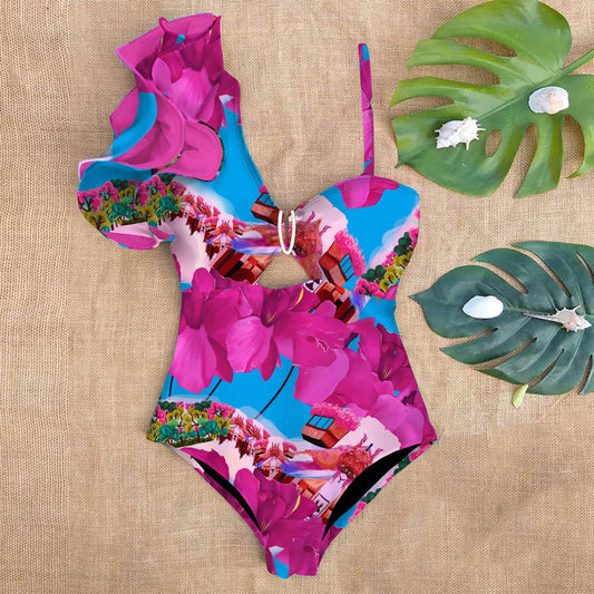 Ruffle Print Floral One Piece Strappy One shoulder Swimwear Women Swimsuit Bathing Suit Backless Beachwear Monkini