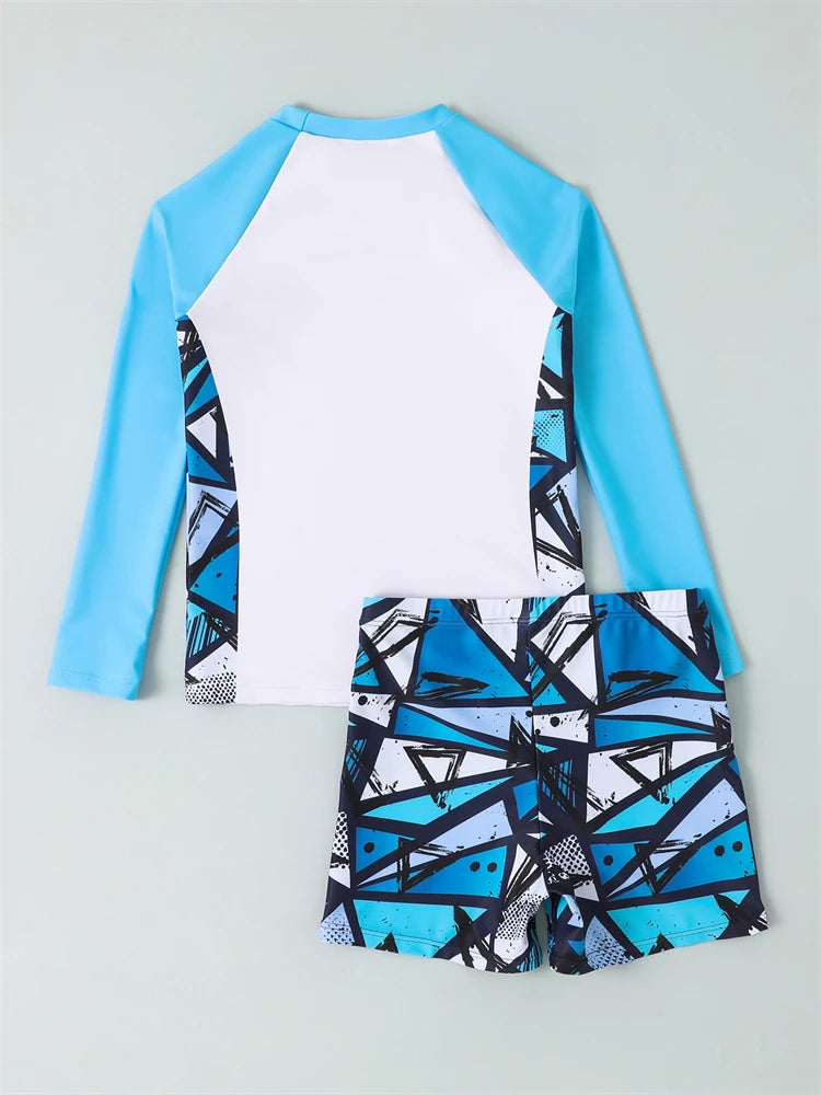 Boy Swimsuit Geometry Print Long Sleeve Children Swimwear Summer Two Piece Kids Beach Wear Swimming Bathing Suit Men's