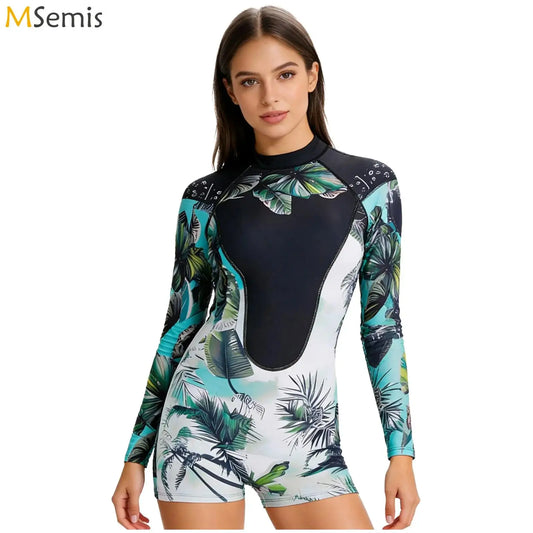 Women's Rash Guard Printed Swimwear Long-sleeve One-piece Swimsuit Sun-protection Back Zip Jumpsuit Surfing And Diving Suit for Water Sports