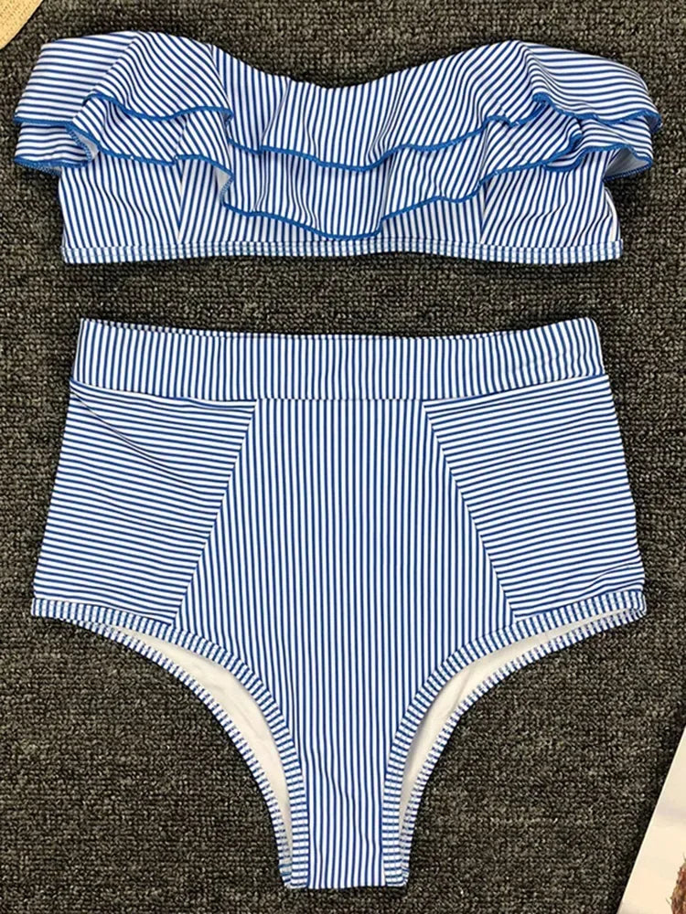 Striped Top Ruffle High Waist Bikini Women Swimwear Female Swimsuit Two-pieces Bikini set Bandeau Bikinis Bathing Suit Swim