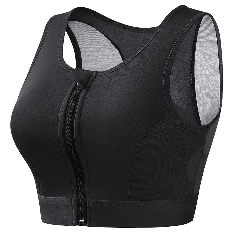 Women's Shockproof Gathered Front Zipper Yoga Bra With Padded Cup Wireless I-shaped Back With Mesh Running Sports Vest