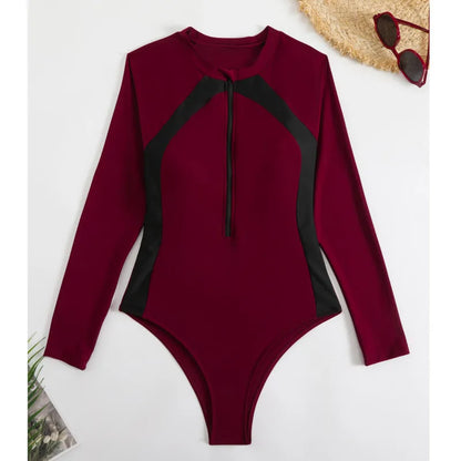 Zipper One Piece Swimsuit Closed Print Long Sleeve Swimwear Sports Surfing Women's Swimming Bathing Suit Beach Bather