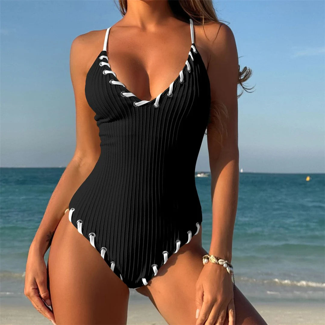 5 Colors V Neck Ribbed Cross Back One Piece Swimsuit Women Swimwear Female High Leg Cut Monokini  Bather Bathing Suit Swim