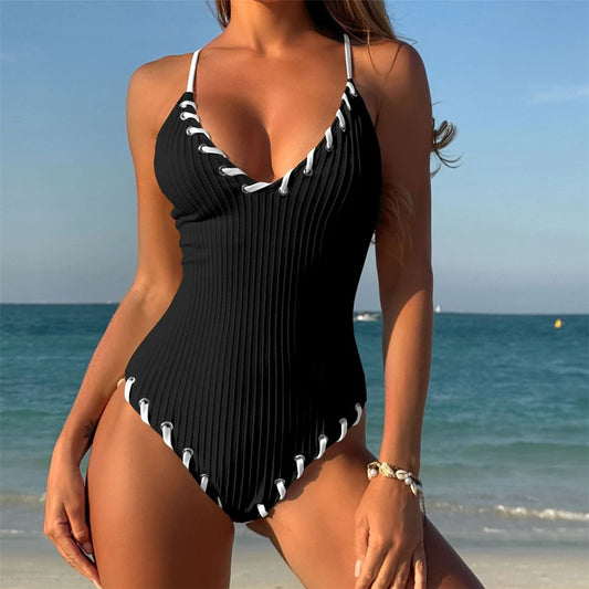 5 Colors V Neck Ribbed Cross Back One Piece Swimsuit Women Swimwear Female High Leg Cut Monokini  Bather Bathing Suit Swim