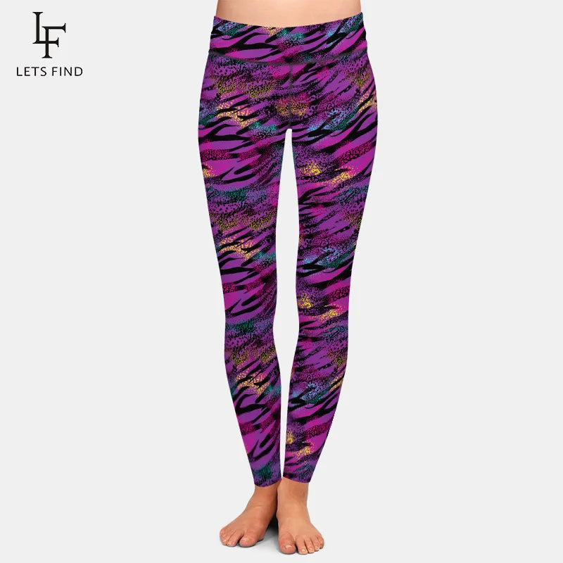 High Quality Milk Silk Print Purple and Black Tiger Stripes Women Leggings High Waist Slim Fitness Leggings