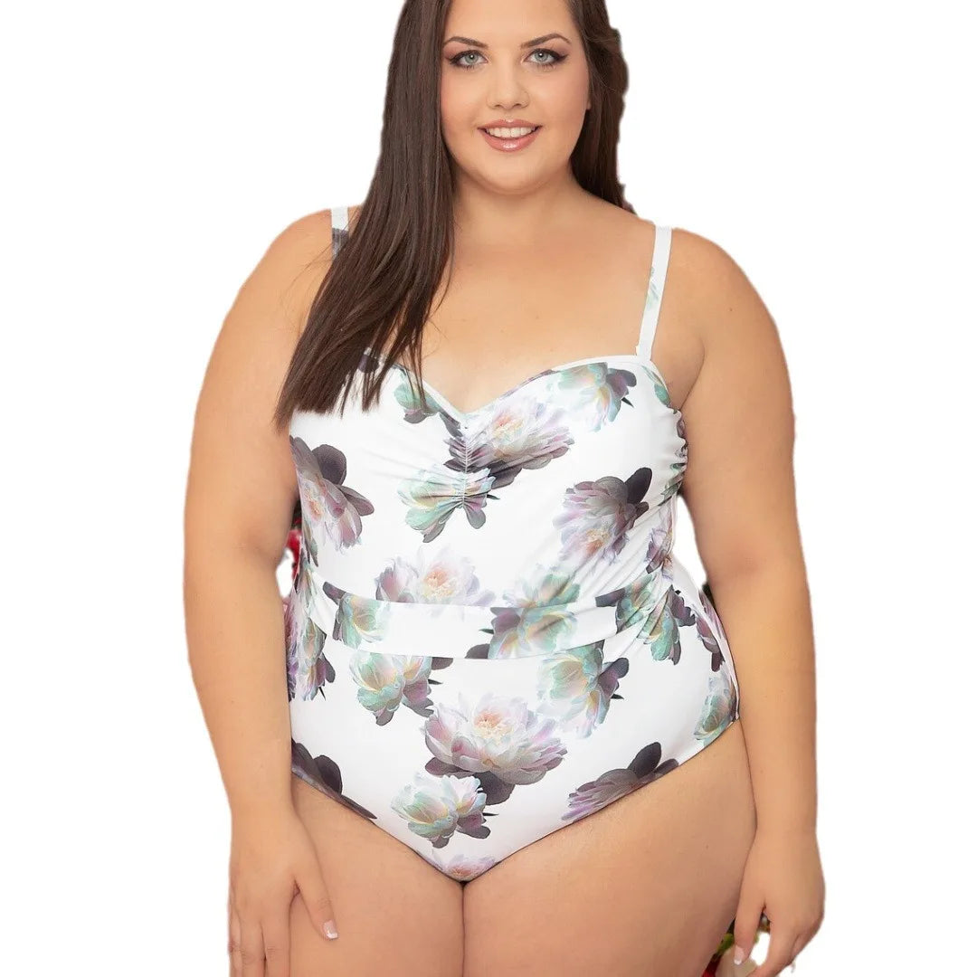 Floral Print Plus Size Women's One-piece Swimsuit Women Deep V-neck Removable Bra Plain Monokinis Beach Swimwear