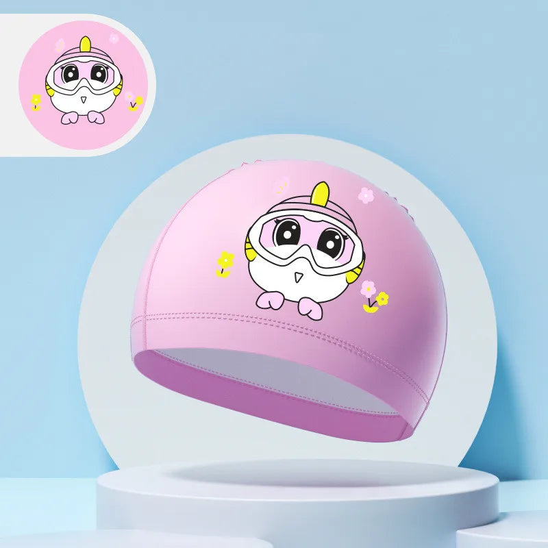 Children's Swimming Caps Boys Girls Kids Cartoon Swim Hat High Elastic Ear Protection PU Waterproof Swimming Cap