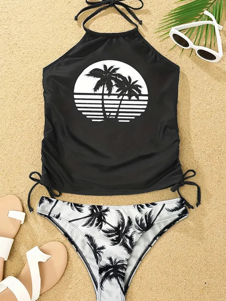 Solid Print Tankini Set Tied Halter Swimsuit Women Swimwear Biquinis Summer Backless Beach Bathing Suit