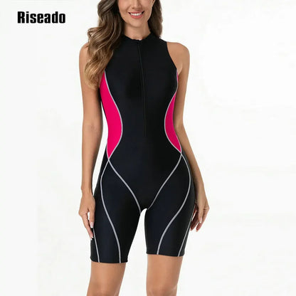 Athletic Women's Boyleg One Piece Swimsuit Knee Length Zip Front Sports Bathing Suit Big Size