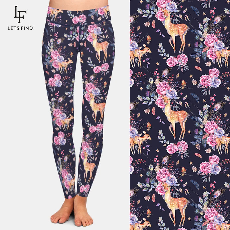 Cute Deer and Flowers Pattern 220gsm Double Side Brushed Milk Silk Print Women Leggings High Waist Leggings