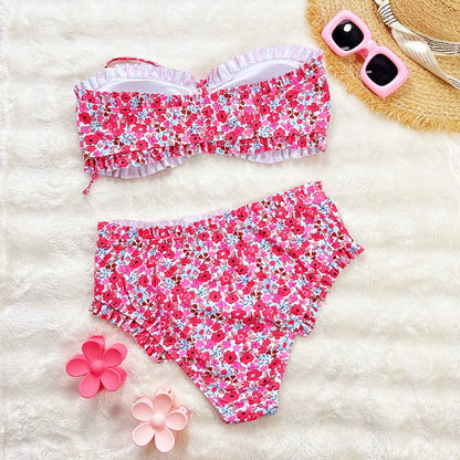 Flowers Printed Bandeau Female Swimsuit High Waist Bikini Women Swimwear Two-pieces Bikini set Bather Bathing Suit Swim