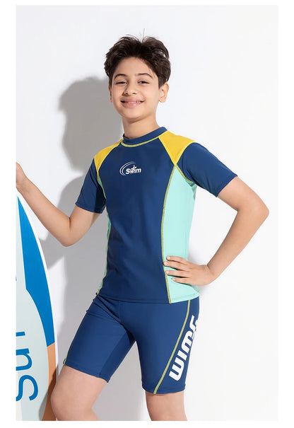 Boy Swimwear Short Shirt Two Piece Short Sleeve Solid Patchwork Teenager Children Kids Swimming Beach Wear 2024 9-16 years