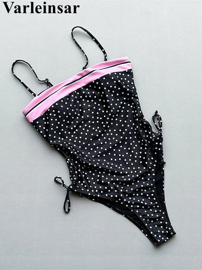 Splicing Dots Printed Lace Up One Piece Swimsuit Women Swimwear Female High Leg Cut Monokini Bather Bathing Suit Swim