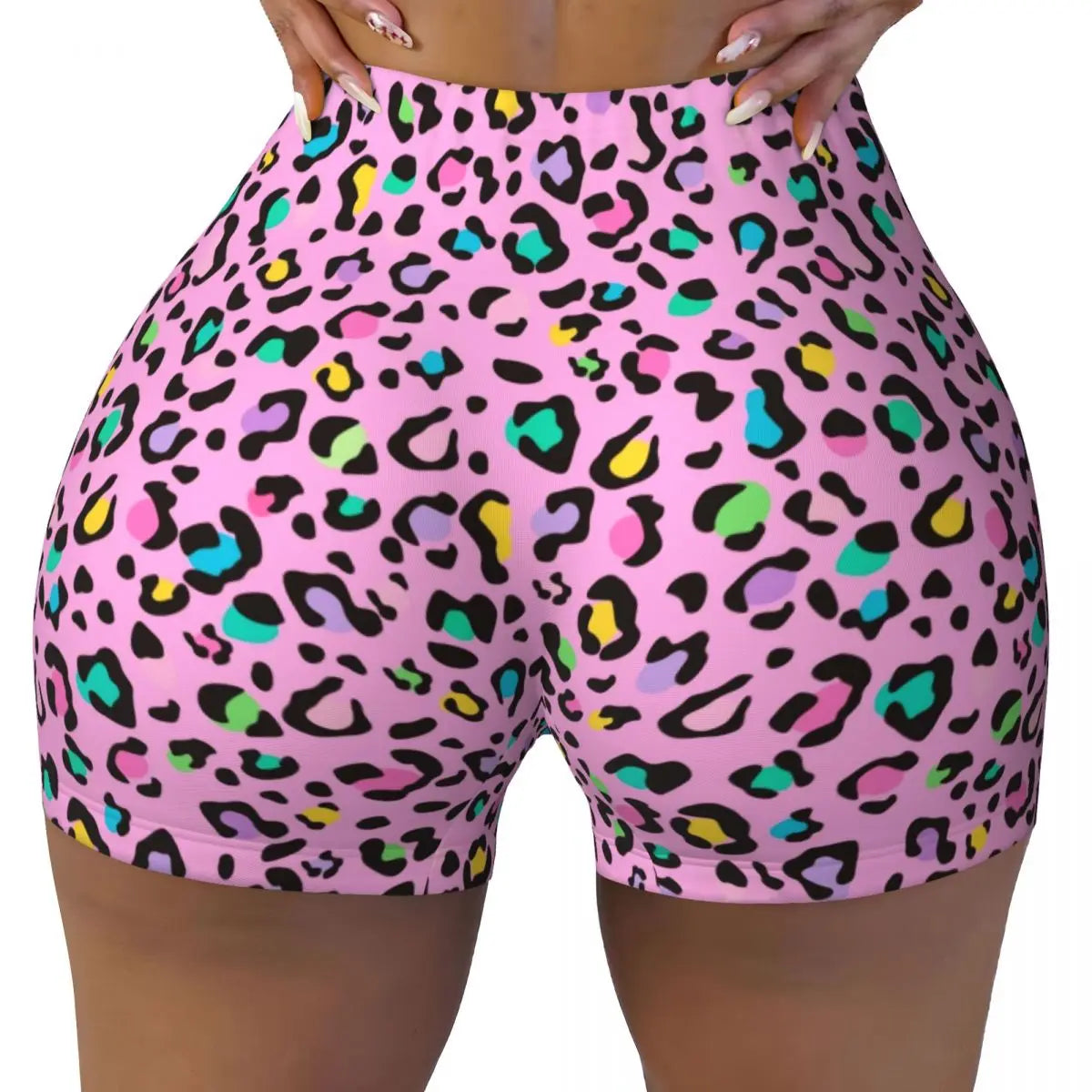 Custom Rainbow Leopard Animal Print Running Volleyball Workout Shorts Women's Athletic Gym Yoga Shorts