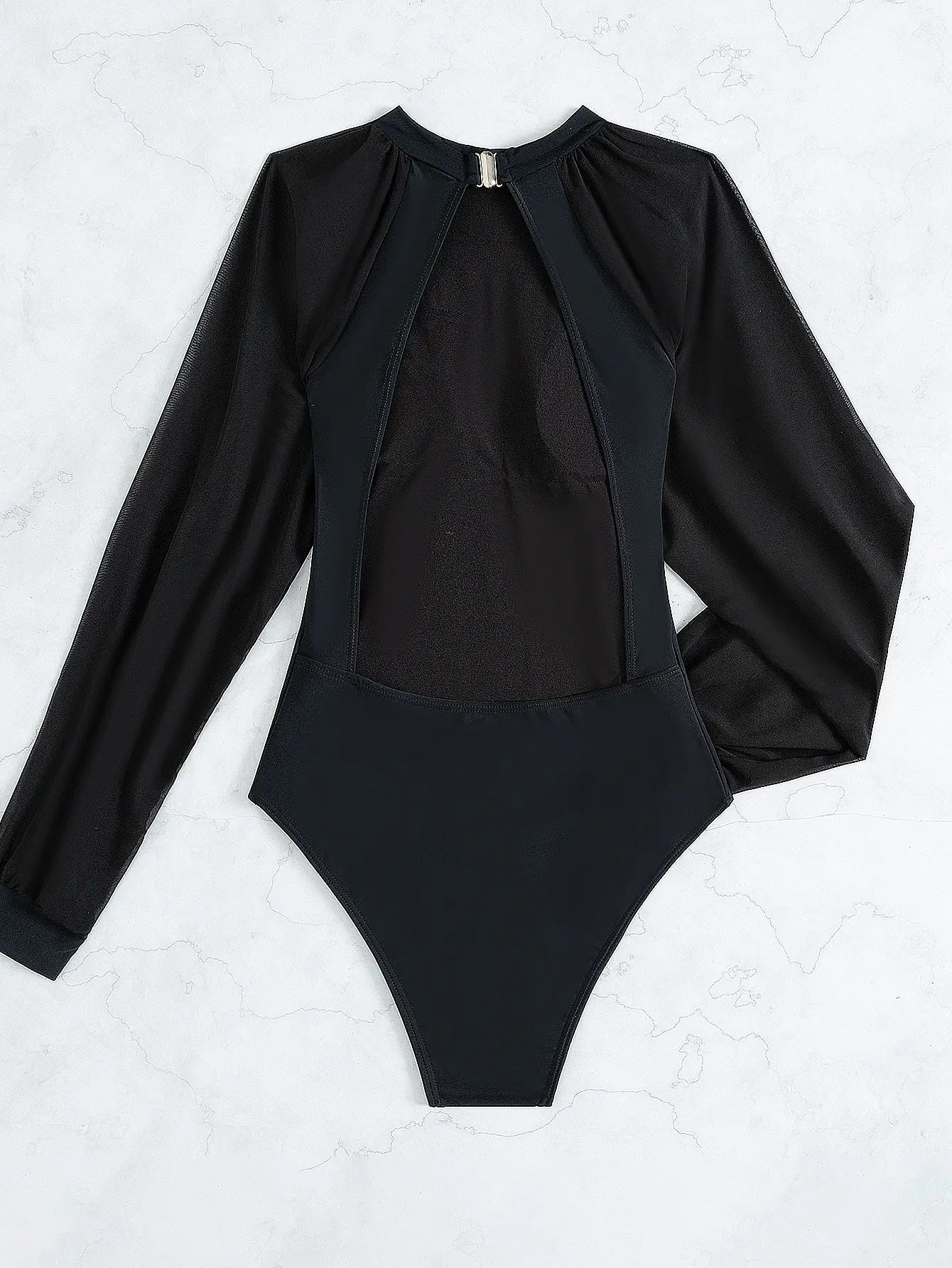 Black Contrast Mesh Swimsuit One Piece Long Sleeve Swimwear Women Bathing Suit Female Swimming Summer Beachwear Bodysuit