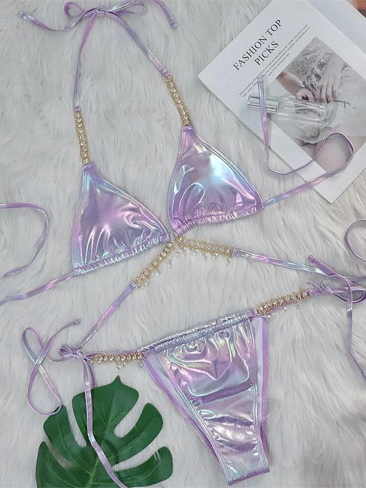 Diamond Rhinestones PU Faux Leather Bikini Female Swimsuit Women Swimwear Two-pieces Bikini set Bather Bathing Suit Swim