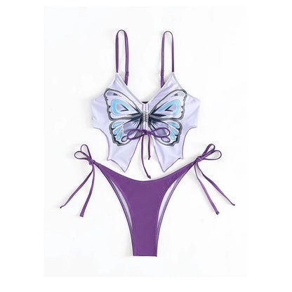 Butterfly Print Strapped Swimwear Women Tied High Cut Bikini Set Push Up Swimsuit Backless Summer Beach Bathing Suit Bathers