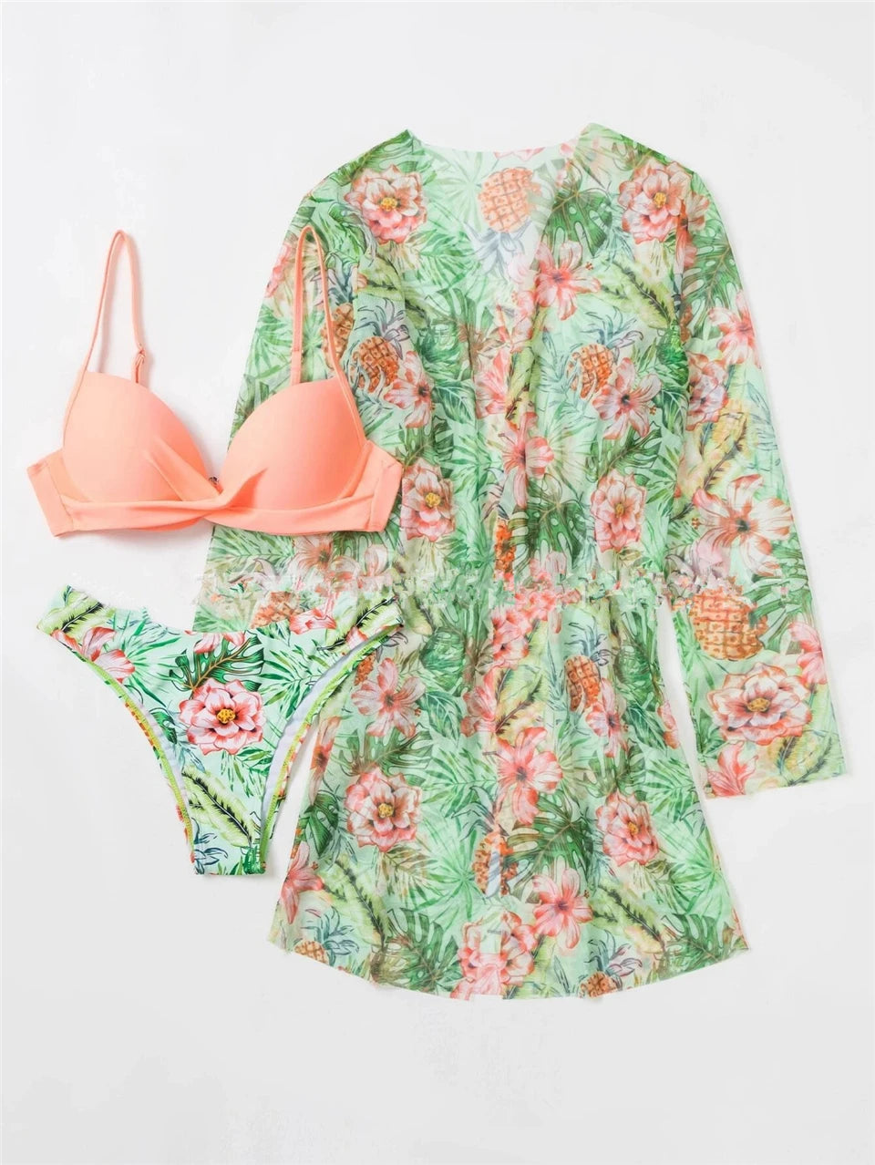 3 Pieces High Waist Bikini With Long Sleeve Kimono Swimsuit Women Print Swimwear Female Bathing Swimming Beach Suit Summer
