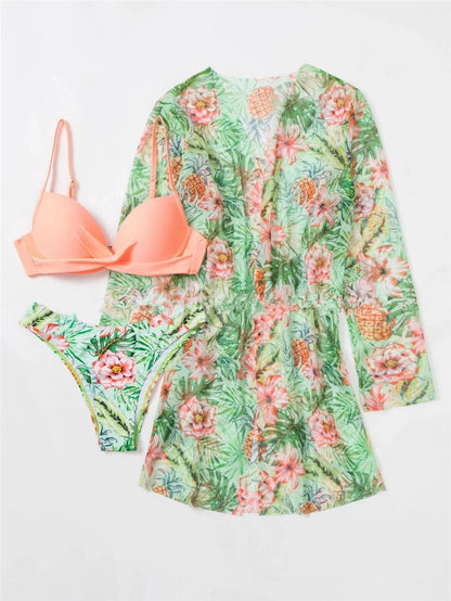 3 Pieces High Waist Bikini With Long Sleeve Kimono Swimsuit Women Print Swimwear Female Bathing Swimming Beach Suit Summer