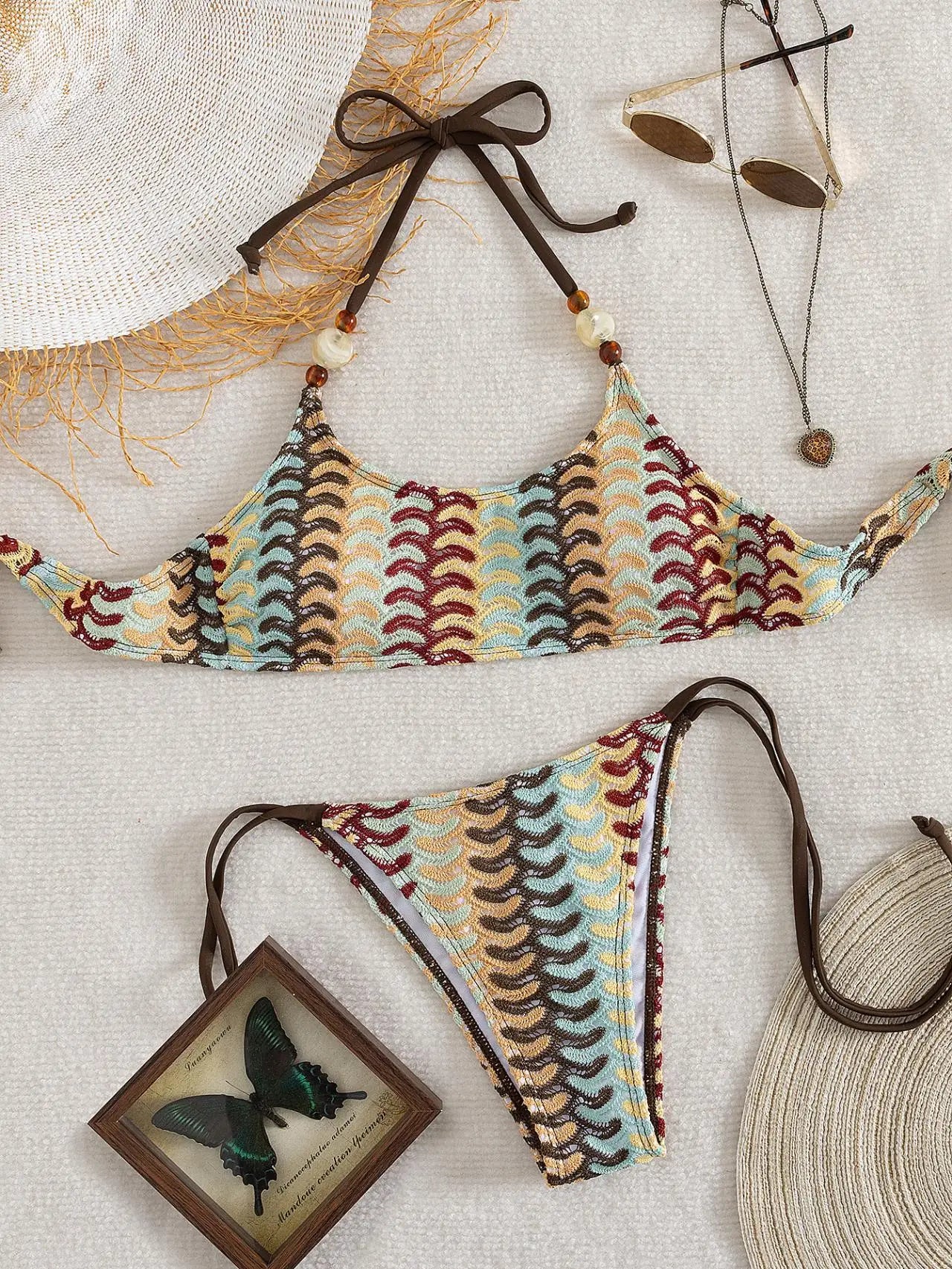 Khaki Brown Patchwork Bikini Set Swimwear Women Striped Push Up Bra Bandage Thong Swimsuit Beach Holiday Bathing Suits
