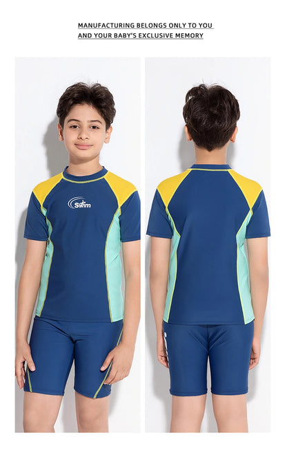 Boy Swimwear Short Shirt Two Piece Short Sleeve Solid Patchwork Teenager Children Kids Swimming Beach Wear 2024 9-16 years