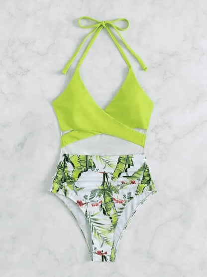 Halter Printed Swimwear Women One Piece Cross Front Swimsuit Female Bathers Bathing Swimming Suit High Cut Beachwear Summer