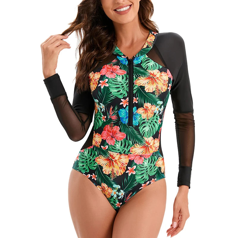 Women Print Long Sleeve One Piece Swimsuit Zipper Swimwear Bathing Suit Beach Wear Vintage Bodysuit Surfing Swim Suits