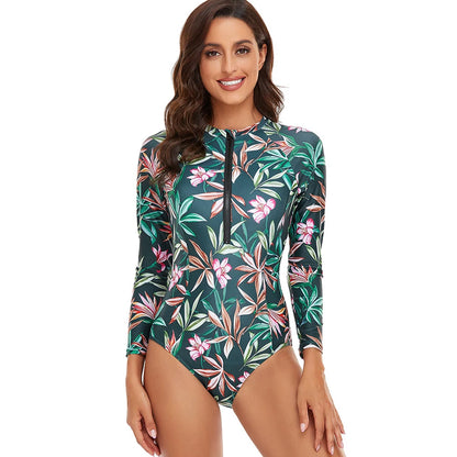 Womens Athletic One Piece Swimsuits Rashguard Long Sleeve Swimsuit Sports Surfing Swimwear Bathing Suits Printed Half Zipper XXL