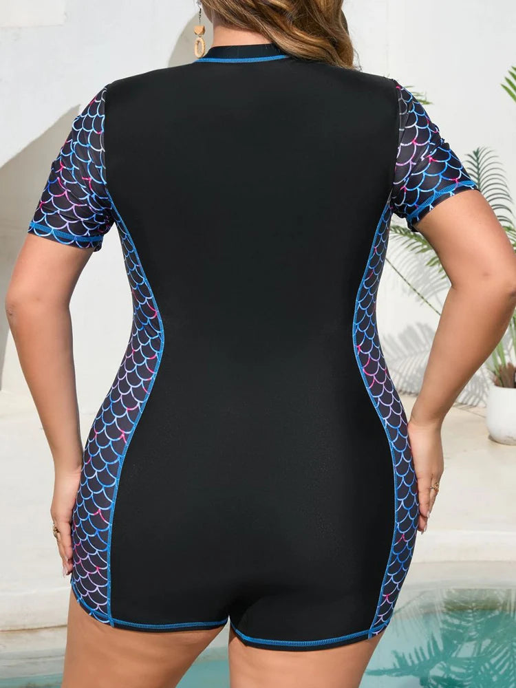 Women Short Sleeve Plus Size Swimwear Print Patchwork Large One Piece Swimsuit Lady Zipper Beach Curvy Bathing Suit