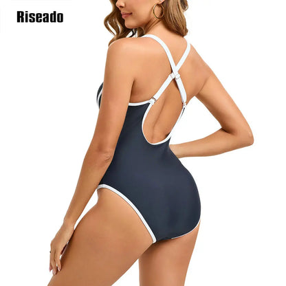 Women's Cross Knot One Piece Swimsuit Navy Fitness Beachwear Bathing Suit Tummy Control Pool Bathers