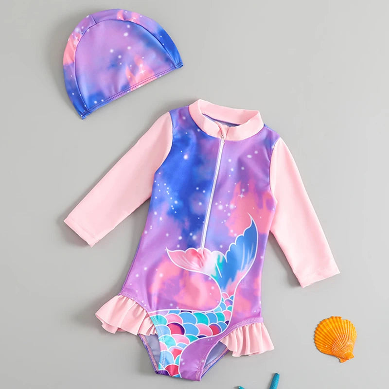 Long Sleeves Girls' Swimsuit With Hat Beachwear Surf One Pieces Colour Ruffle Kids Girls Summer Swimsuits Princess
