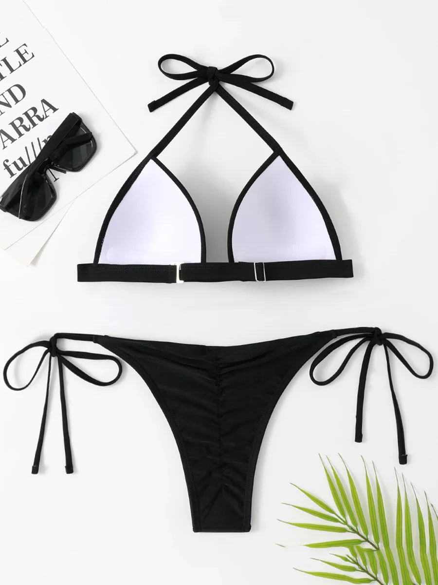 Halter Bra Cup Bikini Swimsuit Female White Swimwear Women Push up Bikini set Brazilian Bathing Suit Bandeau Swim suit