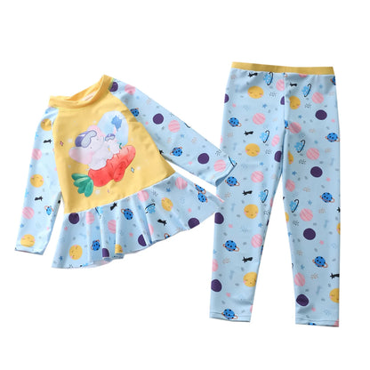 Swimsuit for Girls Long Sleeve Ruffles Girls Swimwear Cartoon Print Separate Bathing Suit Kids 2 Pcs Beach Surfing Swimming Wear