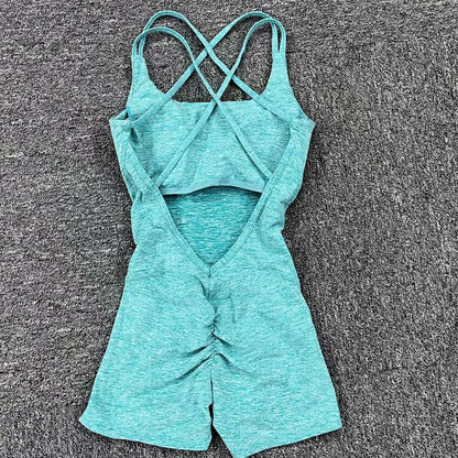 Pad Cross Back Women Lycra Fitness Gym One Piece Jumpsuit Leggings Workout Pant Female Shorts Active Wear Sport Outfit Suit