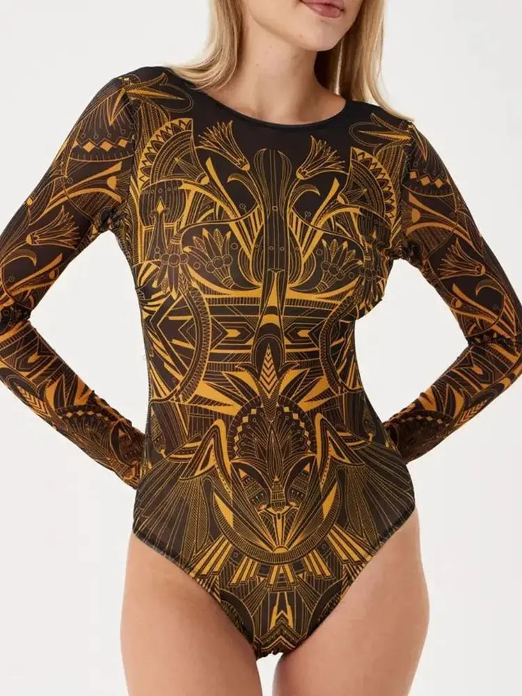 Women's Retro Print Scoop Neck Padded Long Sleeve One Piece Swimsuits High Cut Bathing Suits Swimwear Bodysuit