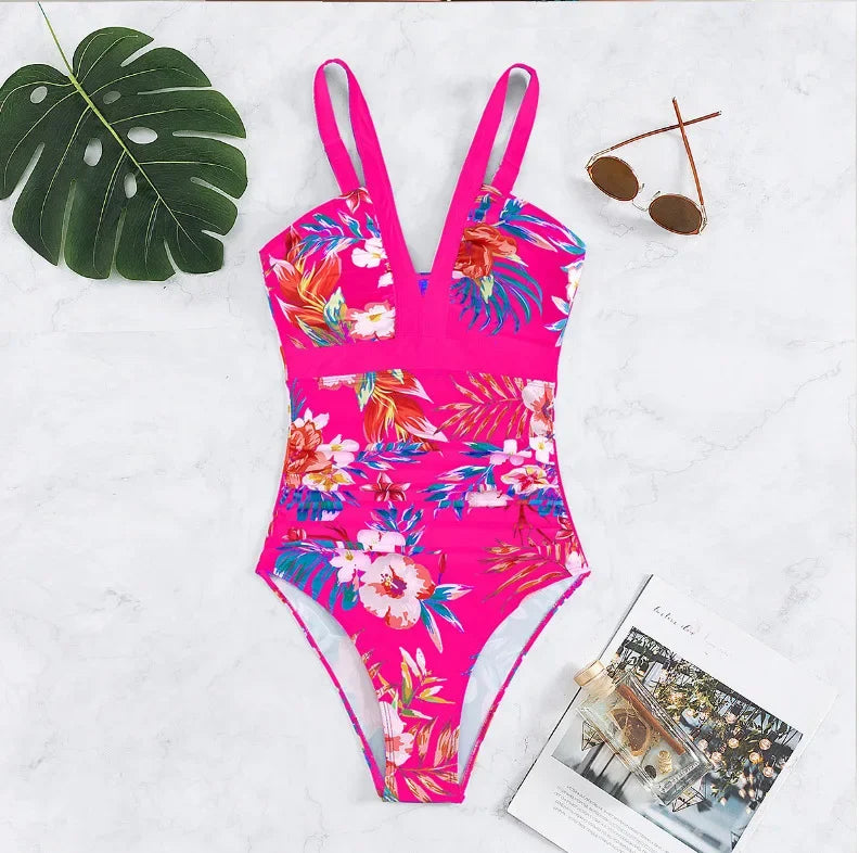 One Piece Swimsuit Women Swimwear Push Up Monokini Plunge Bathing Suit Floral Bodysuit Beach Wear Female Swimsuit
