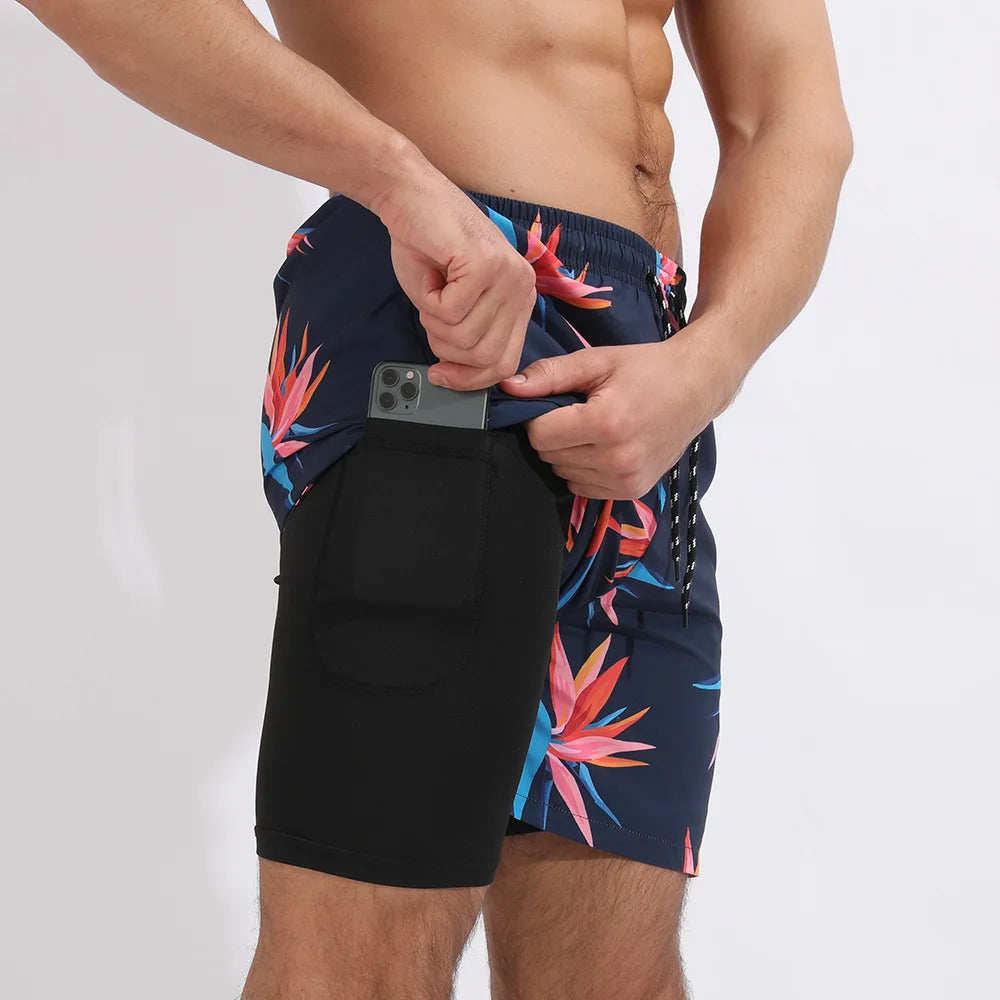 Men Swimwear Summer Gym Beach Shorts Male Quick Dry Sport Swimming Shorts Trunks Sexy Swimsuit 2 In 1 Man Board Shorts Beachwear