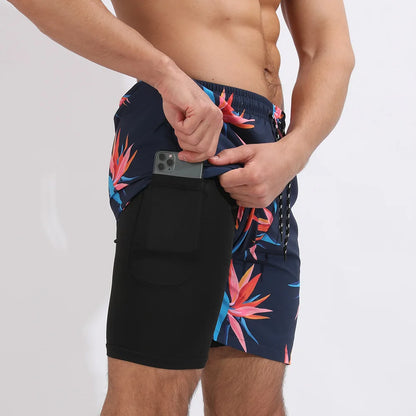 Men Swimwear Summer Gym Beach Shorts Male Quick Dry Sport Swimming Shorts Trunks Sexy Swimsuit 2 In 1 Man Board Shorts Beachwear