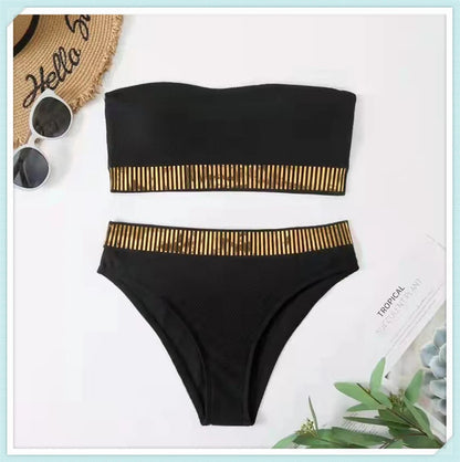 Bandeau High Waist Bikini Women Triangle Swimsuit Stitch Detail Swimwear Padded Bathing Suit Female Solid Beachwear