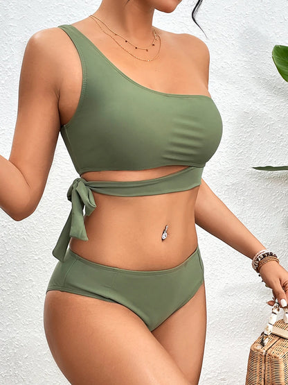 One Shoulder Bikini Set Swimsuit Women Solid Padded Swimwear Female Bathers Bathing Swimming Swim Suit Beachwear
