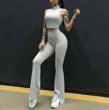 2Pcs Women Yoga Suit Tight Fitting Sports Set Workout Breathable Fitness Bra Gym Long Sleeve Crop Top Bell-bottoms Leggings