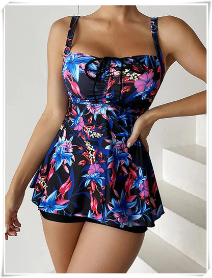 Drawstring Tankini Set Two Piece Swimsuit Short Women Floral Printed Swimwear Female Bathing Suit Beachwear Swimming