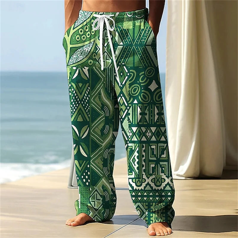 Stylish Men's Casual Pants Retro Classic Print Casual Pants Beach Wide-Leg Pants Streetwear Loose-Fit Athletic Pants