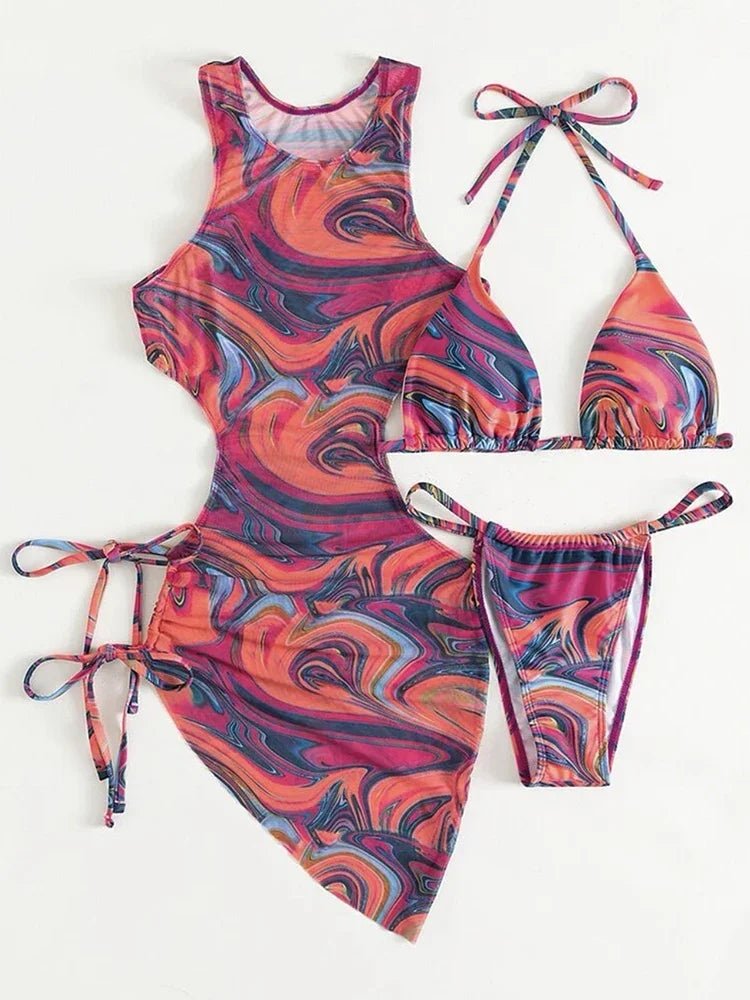 Tie Dye Swimsuit Women Lace Up Bikini Suit Hollow Out Block Color Bathing Suit Three-pieces Swimwear Beachwear