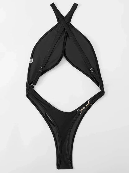 Wrinkled High Cut Out Thong Female Swimwear One Piece Swimsuit Women Cross Backless Monokini Bather Bathing Suit Swim Beach Wear