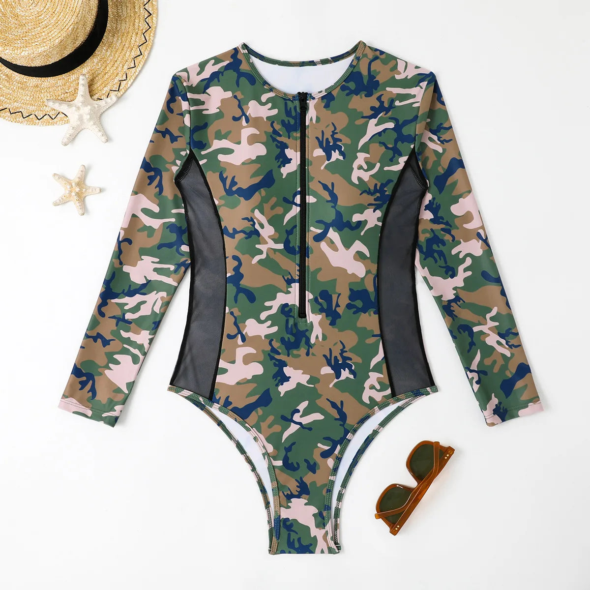 Rash Guard Long Sleeve Swimwear Women Surfsuit  Bikini One-Piece Swimsuit Mesh Patchwork Beach Wear Bath Suits Monokini