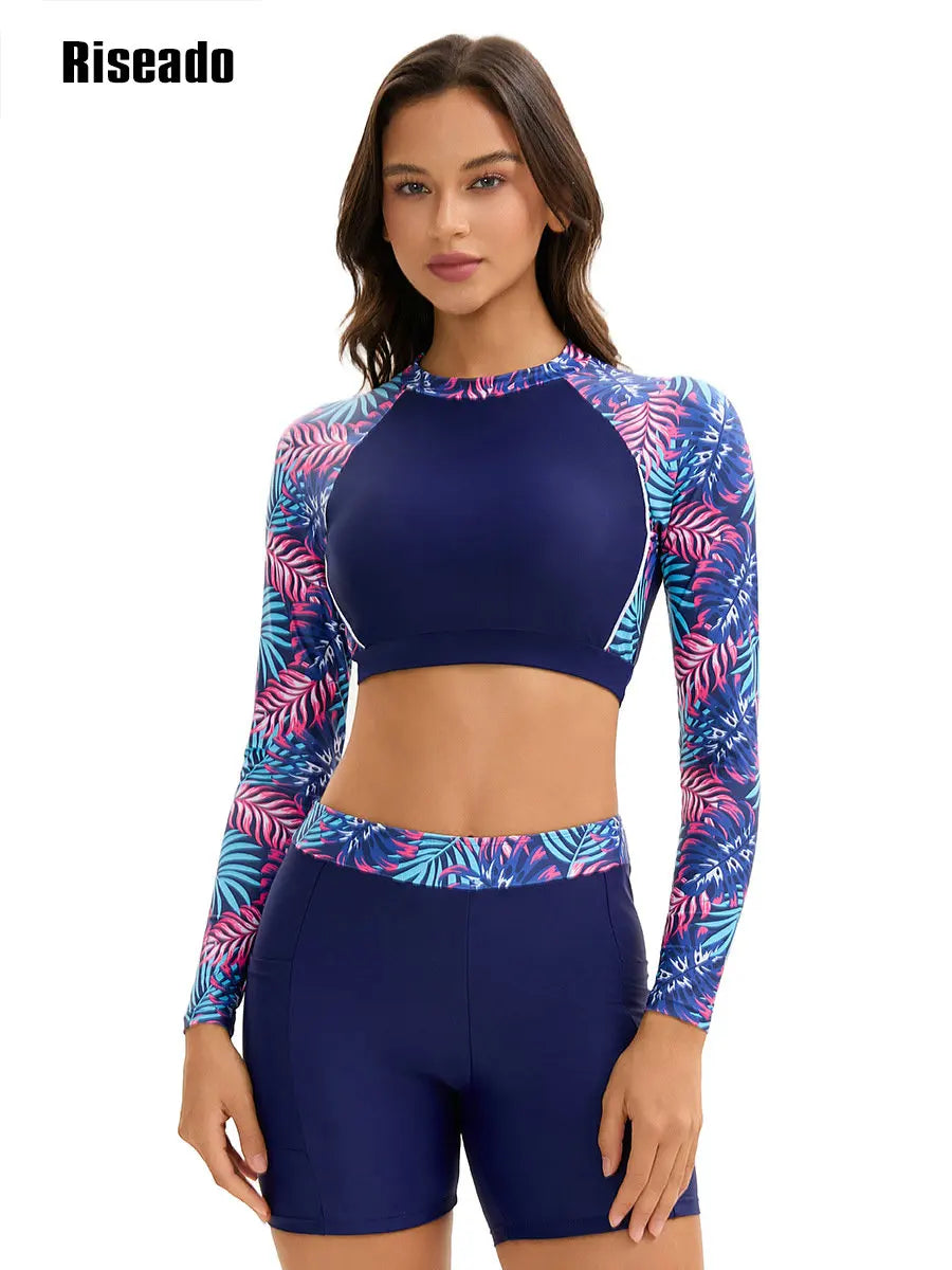 Womens Rash Guard Long Sleeve Swim Shirts Swimsuit Bathing Suit with Womens Swim Shorts & Two Pockets