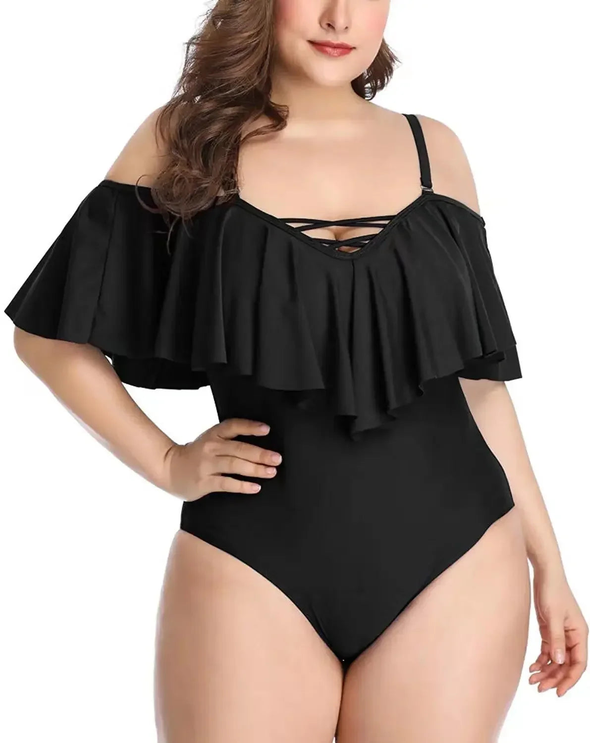 Solid color Ruffle Top Swimsuit Women Plus Size Swimsuit One Piece Swimwear Swimming