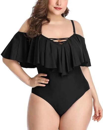 Solid color Ruffle Top Swimsuit Women Plus Size Swimsuit One Piece Swimwear Swimming